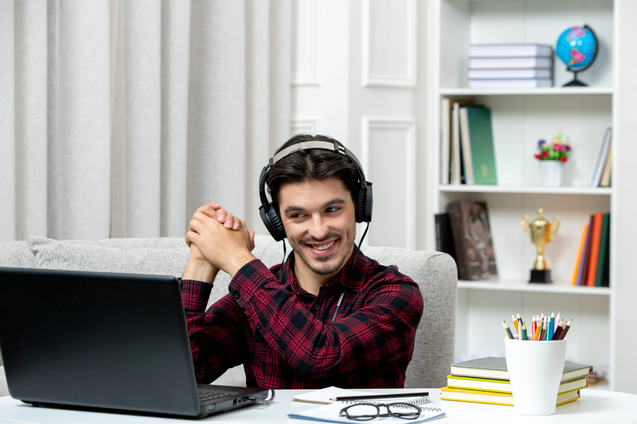 student-online-cute-guy-checked-shirt-with-glasses-studying-computer-holding-hands-together